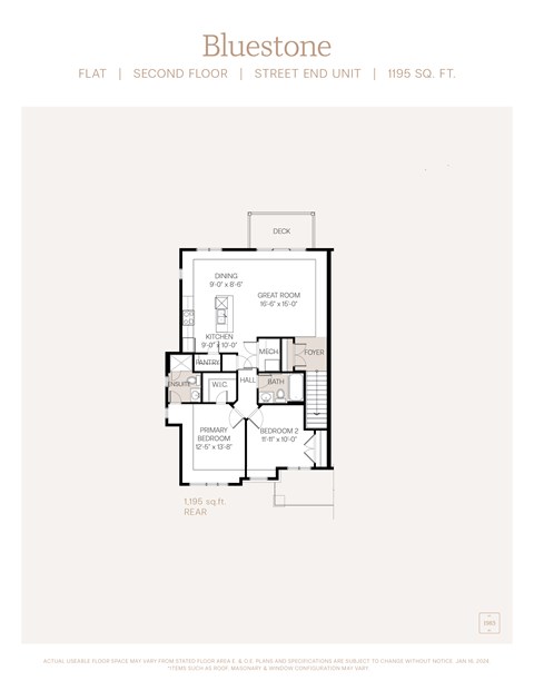 Floor plan for 2 beds, 2 baths, 1195 sqft